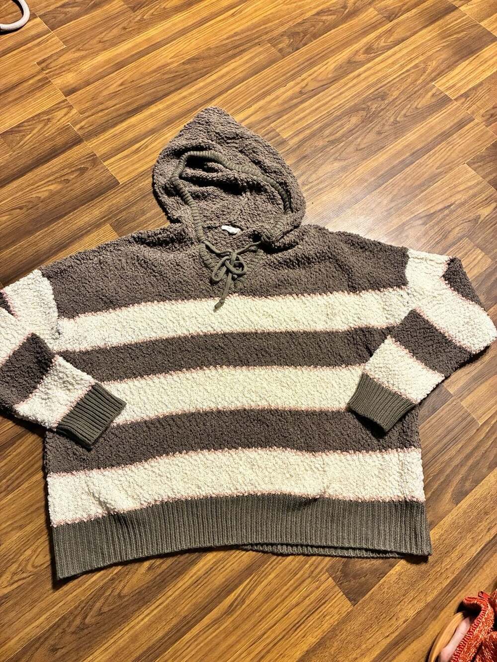 maurices Women's Brown and Cream Striped Popcorn Knit Hooded Pullover Sweater